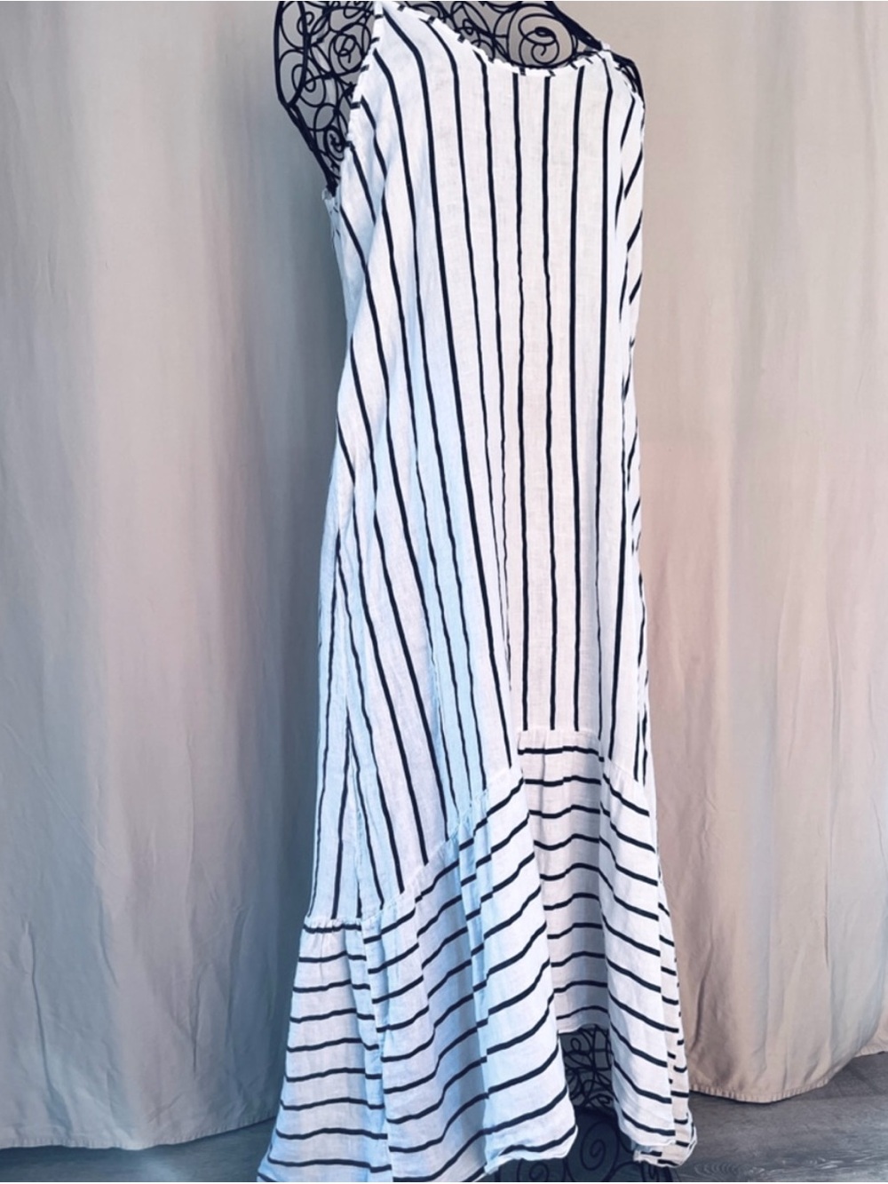 Terzo Millennio Linen Maxi Dress Striped Navy White Hi-Low Made in Italy Coastal